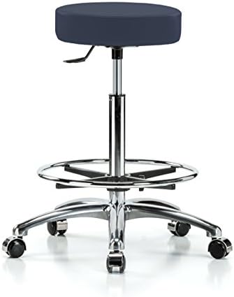 Perch Single Lever Adjustable Rolling Backless Swivel Stool in Chrome with Footring for Office Salon Home Garage or Work Shop 24" - 34" (Hard Floor Casters/Imperial Blue Vinyl)