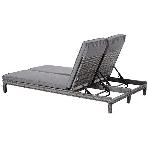 Outsunny Polyrattan Doppelliege Sonnenliege Gartenliege für 2 Personen Relaxliege Luxus Lounge 5-stufige Rückenlehne Metall PE Rattan Grau 196 x 120 x 28 cm – Bild 7