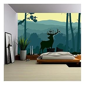 Horizontal Abstract Banners of Wild Animals (Deer, Wolf) in Hills of Forest with Trunks of Trees in Green Tone. - Removable Wall Mural | Self-Adhesive Large Wallpaper - 66x96 inches