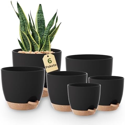 Blumentöpfe 6 Set Selbstbewässernd Schwarz 20.3cm/17.8cm/16.5cm/15.2cm/14cm/12.7cm Blumentopf Pflanzentopf mit Untersetzer,Anzuchttöpfe,Zimmerpflanzen,Fensterbank deko