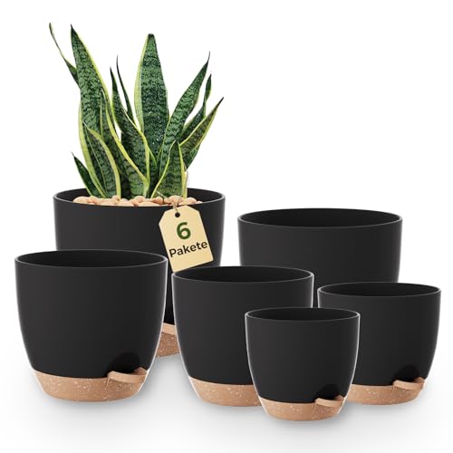 Blumentöpfe 6 Set Selbstbewässernd Schwarz 20.3cm/17.8cm/16.5cm/15.2cm/14cm/12.7cm Blumentopf Pflanzentopf mit Untersetzer,Anzuchttöpfe,Zimmerpflanzen,Fensterbank deko