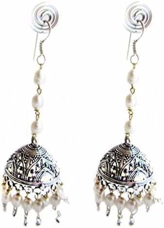 Silver &amp; Pearl Jhumkas,Large Indian Kucchi kuchi Earrings long chandelier lightweight jewelry