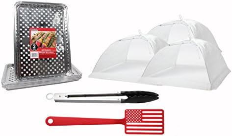BBQ Accessories Grill & Picnic Bundle - 12+ pieces - Aluminum Foil Grill Toppers American Flag Spatula - White Pop-Up Food Tents and Steel Tongs …