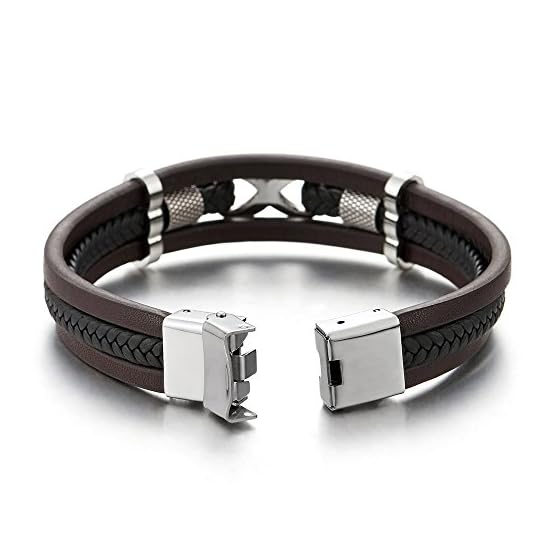 COOLSTEELANDBEYOND Tres Filas Amor Infinito Número 8 Entretejido Marrón Negro Trenzado Cuero Pulsera Brazalete de Hombre… - Imagen 5