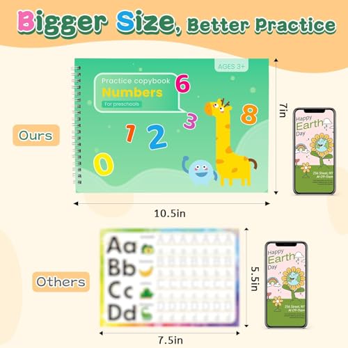 Large Grooved Handwriting Practice Books, 5-Pack Reusable Magic Copybooks with Pencil Grips, Tracing Books for Kids Ages 3-8, Preschool Kindergarten Learning Activities, Alphabet and Number Workbook