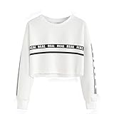 Women Teen Girls Long Sleeve Striped Crop Top Sweatshirt Pullover Cute Tops T Shirt (S, white)