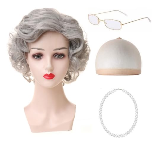 SDXCJY 4 Piece Old Lady Short Curly Grey Wig Cap Pearl Necklace Glasses with Accessories Kit,Short Curly Layered Wig for Cosplay Party Halloween Costume Wig. (Grey)