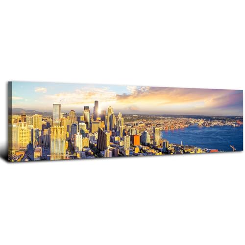 Seattle Skyline Wall Art Nature Sunset City Wall Decor for Office Living Room Washington Cityscape Canvas Prints Modern Skyscraper Landscape Pictures Coastal Panoramic Artwork Home Decoration 14x48" at Amazon