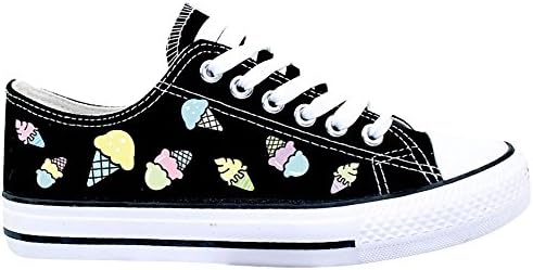 Womens Teen-girls Cute Floral Ice Cream Print Low-top Flat Canvas Shoes Fashion Sneakers (7, black)