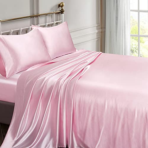 Vonty Satin Sheets Queen Size Silky Soft Satin Bed Sheets Pink Satin