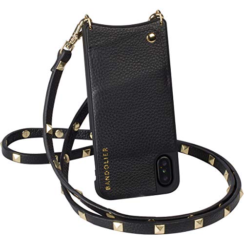 Bandolier [Sarah] Crossbody Phone Case and Wallet - Compatible with iPhone 8, 7, 6 - Black Pebble Leather with Gold Detail