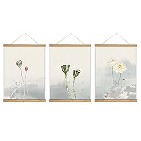 3 Panel Hanging Poster with Wood Frames Lotus Canvas Artwork Wall Picture Home Decoration - 18"x24"x3 Panels