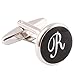 H&H HJ Men's 2PCS Rhodium Plated Cufflinks Silver Initial Letter Shirt Wedding Business 1 Pair Set Black R
