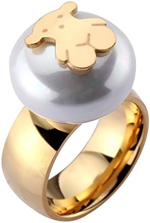 18k Gold Plated Women's Teddy Bear Big Pearl Stainless Steel Ring for Girl (7)