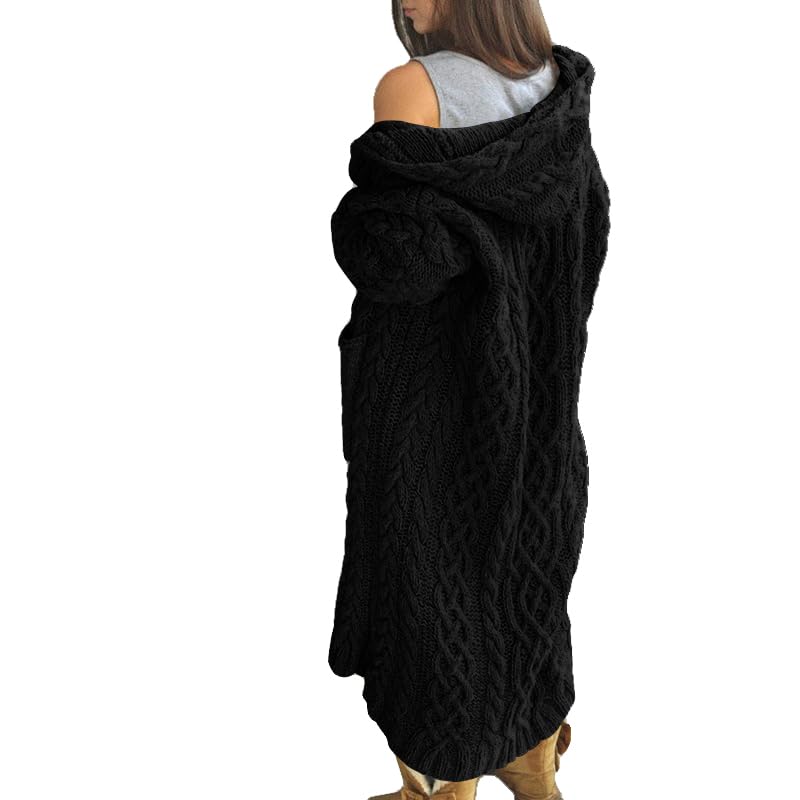 Photo 1 of NIUBIA Womens Casual Long Sleeve Open Cardigan Warm Hooded Outwear Coat Cable Knit Long Cardigan Sweaters with Pockets Black