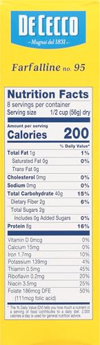 DE CECCO PASTA NO.95 MADE IN ITALY HIGH IN PROTEING & IRON BRONZE DIE, FARFALLINE, 80 OZ, PACK OF 5