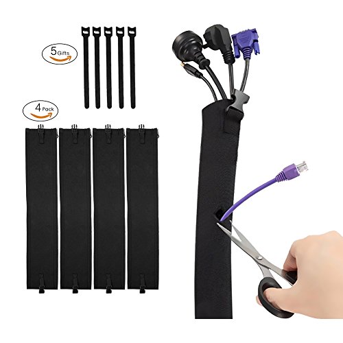 Cable Sleeves-Cord Management Cable Management Sleeve 19" Flexible Wire Sleeve with Zipper & Buckle Perfect for Computer, TV, Desk, Home, Office 4 Pack-Black