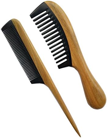 Handmade 100% Natural Green Sandalwood Hair Combs - Anti-Static Sandalwood Scent Natural Hair Detangler Wooden Comb, Hair Combs with Black Buffalo Horn Teeth