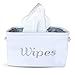Wipe Holder, Storage & Organizer Bin for Nursery, Baby Boy or Girl, White Canvas Fabric Decorative Basket with Gray Embroidering.