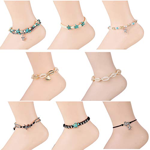 FUNRUN JEWELRY 8PCS Starfish Turtle Shell Anklet for Women Girls Handmade Multilayer Anklet Bracelet Adjustable Beach Foot Jewelry