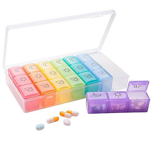 BUG HULL Pill Organizer 3 Times a Day, Weekly Pill Organizer 3 Times a Day, 7 Day Pill Box Cases Morning Noon Evening, Medicine Pill Organizer for Vitamin, Cod-Liver Oil, Supplements (Rainbow White)