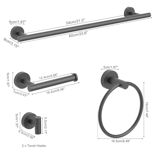 sunzone Bathroom Accessories Set, 5 Pieces Towel Bar, 60 cm Towel Bar, Towel Ring, Bathrobe Towel Hook, Toilet Paper Holder, 304 Stainless Steel, Black