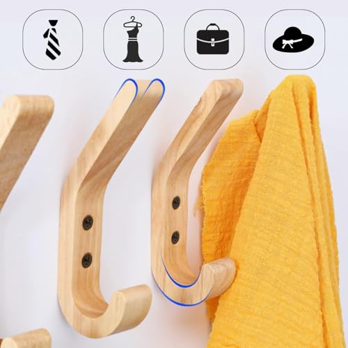 Wall Mounted Solid Wood Coat Rack (4 Pieces) - Hand Polished Oak Design Hooks - 10kg - For Kitchen, Bedroom & Bathroom