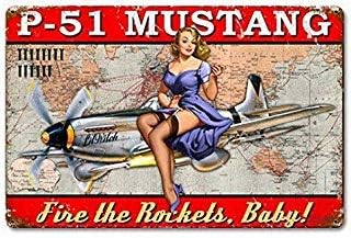 Fr75en p-51 Mustang Pinup Girl Powder Coated Metal Signs Vintage Retro for Home,Metal Wall Tin Sign,Garage Man Cave Sign
