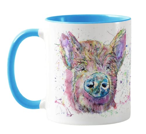Vixar Pig Farm Animal Watercolour Rainbow Art Coloured Mug Cup, Gift, Birthday, Work, Office, Christmas Tea Coffee (L Blue)