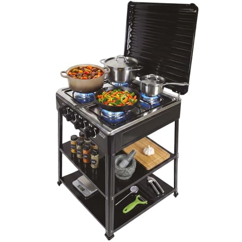 SIGNA Parrilla De Gas Con 4 Quemadores Estufa Acero Inoxidable 50 Cm Parrilla Perillas Reguladoras Quemador De Gas Resistente Con Tapa Y Mueble De Dos Niveles De Acero (Negra)