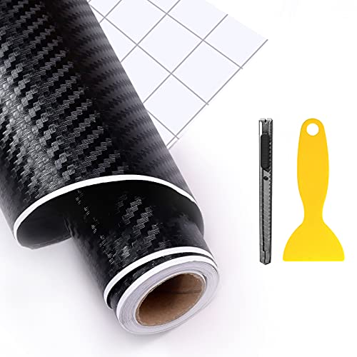 HTVRONT Black Carbon Fiber Vinyl Wrap for Cars,1FT x 5FT 3D Car Wrap