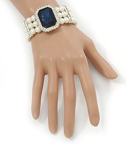 Avalaya Bridal, Wedding, Prom Multistrand Glass Pearl with Square Montana Blue Glass Pendant Flex Bracelet - 18cm L - Image 3
