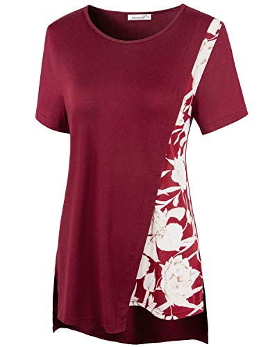 Elemevol Floral Tops for Women Short Sleeve, Womens Short Sleeve Contrast Color Asymmetrical Patchwork Side Split Casual T Shirt Blouse for Office Work,Red L