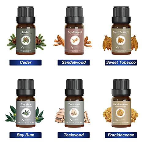 ASAKUKI Essential Oils Gift Set Premium Fragrance Oils for Gentlemen, Candle & Soap DIY Making - Sandalwood, Cedarwood, Frankincense, Teakwood, Sweet Tobacco, Bay Rum, 10ML Wood Scents