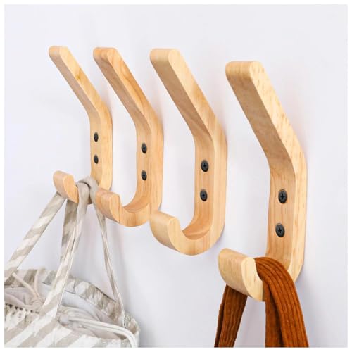 Wall Mounted Solid Wood Coat Rack (4 Pieces) - Hand Polished Oak Design Hooks - 10kg - For Kitchen, Bedroom & Bathroom