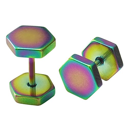 Feramox Stainless Steel Mens Womens Stud Earrings Set Ear Piercing Plugs Tunnel Punk Style(Hexagon 7MM) - Thumbnail 2