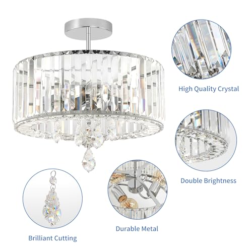 ANWIO Modern Crystal Ceiling Light, Silver Ceiling Light, Chandelier with 3 E27 Base, Glass Shade for Hallway, Entrance, Kitchen, Bedroom, Living Room (37 cm, Without Bulb)