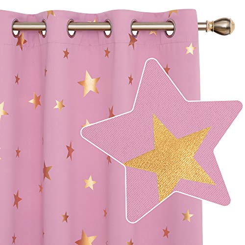 Deconovo Blackout Curtains Eyelet Pink, Thermal Insulated Energy Saving, Gold Star Foil Printed Curtains for Girls Bedroom, 52 x 63 Inch(Width x Length), 2 Panels โ image 1