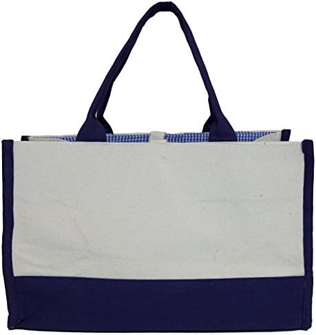 Carolina Sweethearts Open Tote Bag; Navy Gingham Cotton Lined, Small With Tie Closure and Inside Zipper Pocket