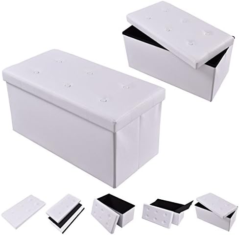 White Large PVC Leather Folding Storage Ottoman Organizer Box Bench For Saving Space and Sitting Room