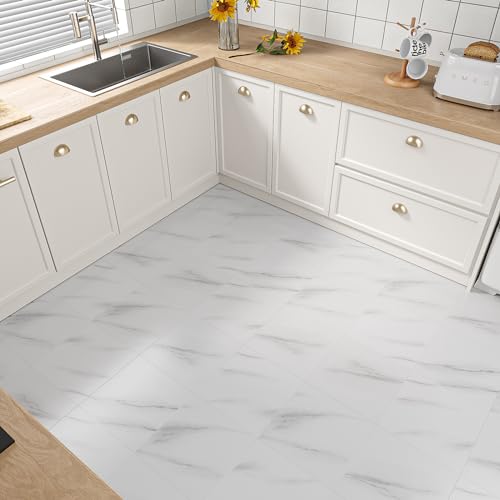 VEELIKE Waterproof Self-Adhesive Vinyl Floor Tiles Modern White Marble Effect Easy Install Peel and Stick Floor Tiles Durable PVC Flooring for Kitchen Bedroom Living Room Commercial 11.8"x11.8" 24 Pcs