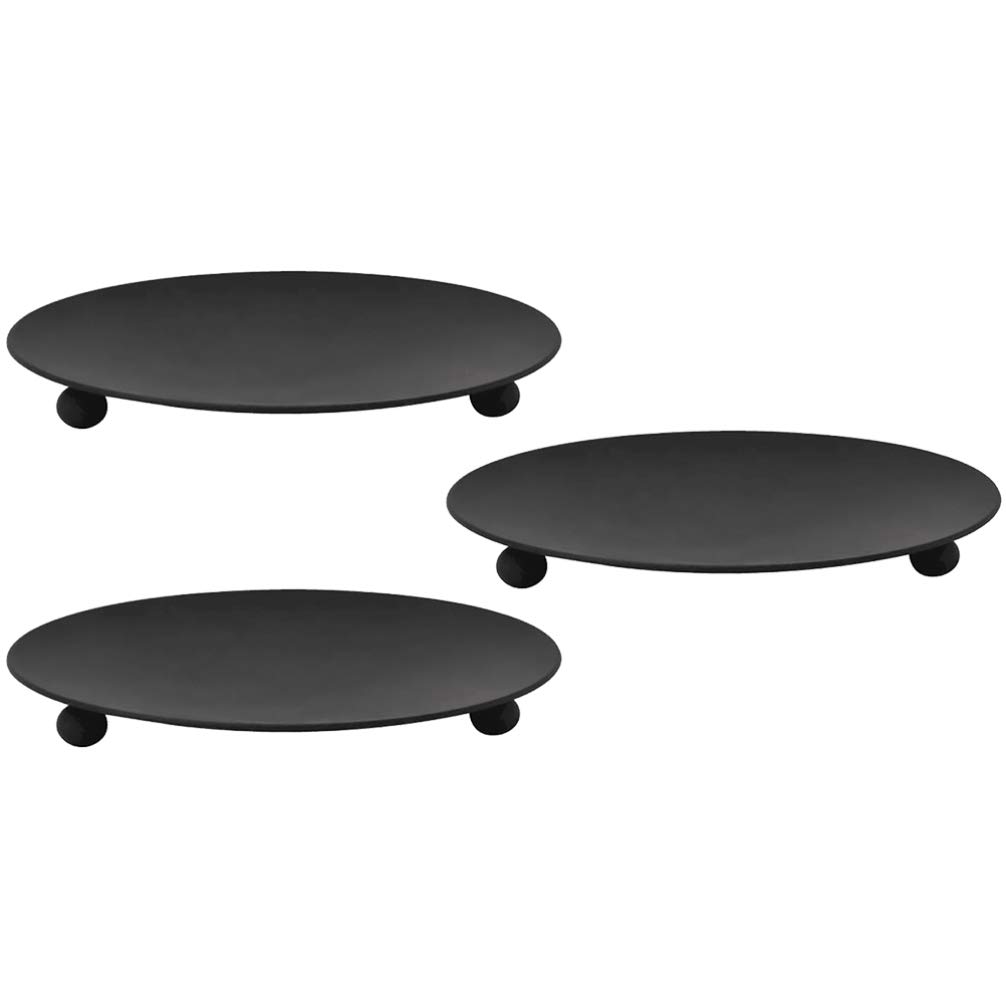 BESPORTBLE Pillar Candle Holder, 3Pcs 7.5cm Round Iron Plate Black Candle Holders Pillar Candles Tray Pedestal Candle Stand for Spa Wedding Bathroom Church Living Room Decor