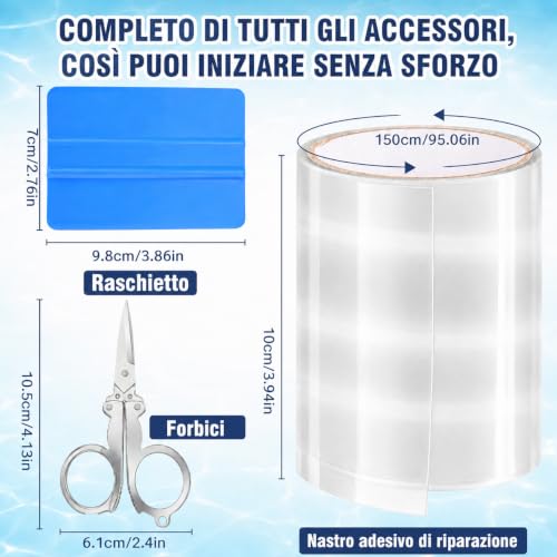 HuakChai Kit Riparazione Piscina, Nastro Impermeabile Subacqueo, Set di Toppe Autoadesive in PVC per Piscine (10x150 cm) con Forbici e Spatola, per Piscine Gonfiabili, Gommoni e Materassini ad Aria