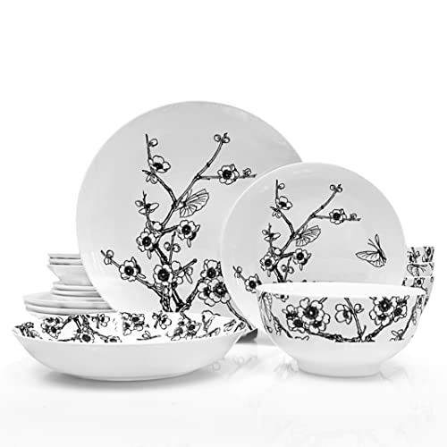 Dinnerware Set, Fine Bone China, 16 Pieces, Plates and Bowls set, Service for 4, Bloom Garden