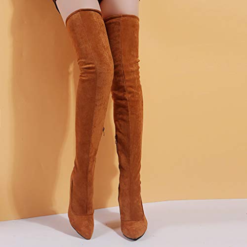 Dermanony Womens Over Knee High Heel Boots Fashion Flock Pointed Toe Zipper High Boots Solid Color High Heel Shoes Brown - Thumbnail 4