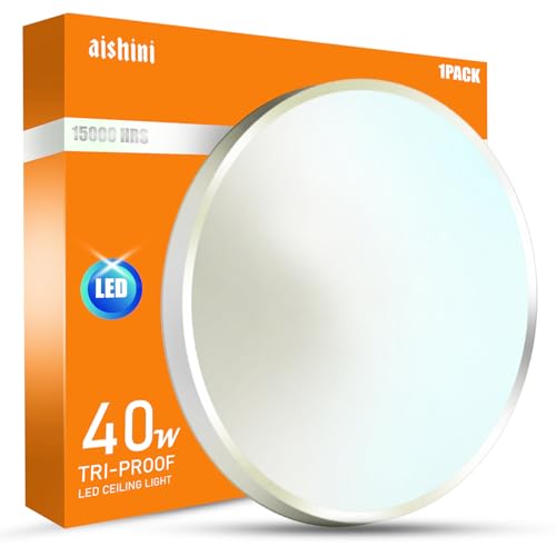 Aishini Modern 40w, White Only - 6500K White LED Ceiling Lights <2500 Lumen, Long Life 15000 Hrs Round Shape Flush Mount (37.5cm) Flat Ceiling Lights for Bedroom, Dining, Closet, Laundry, Bathroom