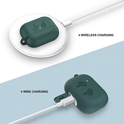 2019 Upgraded AirPods Pro Case Cover, Soft Thick Silicone Skin Protective Cover with Keychain Visible Front LED for AirPods Pro Wireless Charging Case, Army Green