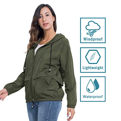 JTANIB Waterproof Windbreaker for Women, Active Outdoor Hooded Lightweight Packable Rian Coats L Arm Green