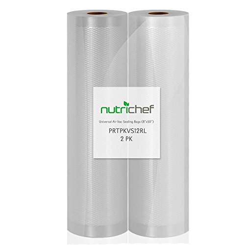 (2) Rolls Vacuum Sealer Bags - 8" Width, 50' Length Each Roll - For NutriChef PKVS10BK, PKVS10WT, PKVS18SL, PKVS18BK, PKVS20STS, PKVS30STS, and Other Vacuum Air Sealing Systems - NutriChef PRTPKVS12RL