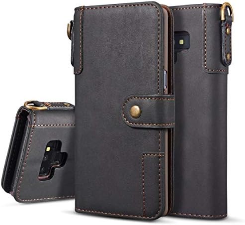 DEFBSC Galaxy Note 9 Magnetic Flip Wallet Case, Vintage Multi-functional PU Leather Folio Durable Stand Case Cover with Detachable Wrist Strap Compatible with Samsung Galaxy Note 9,Black